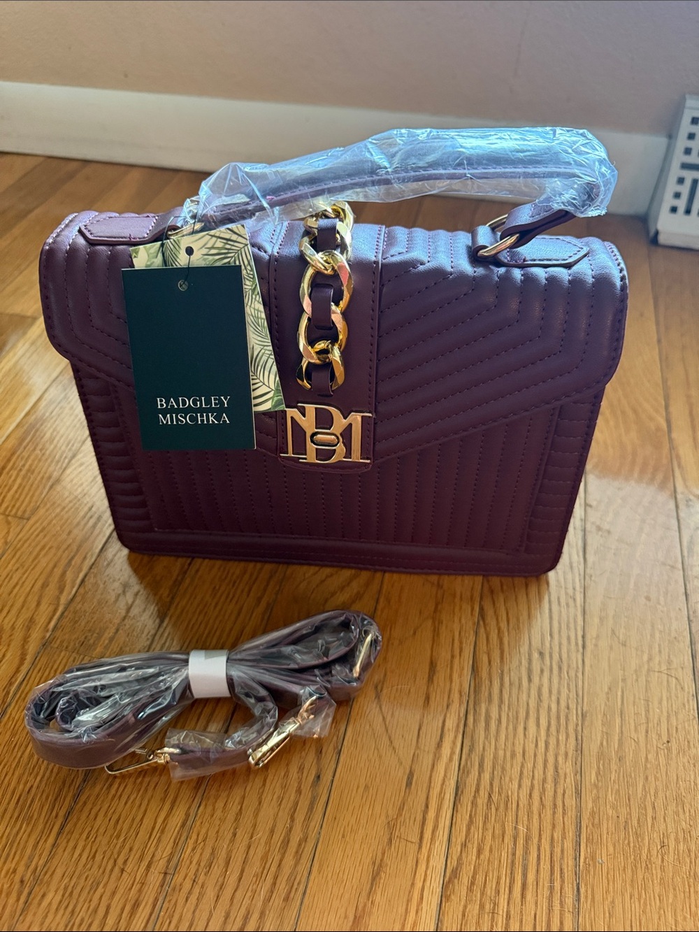 Badgley Mischka Quilted Plum Shoulder Bag with Gold Hardware